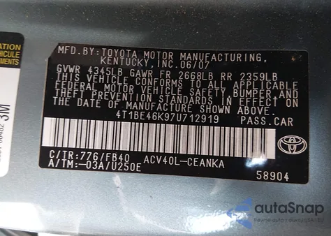 2007 Toyota Camry Le из США, поврежденный, VIN 4T1BE46K97U712919